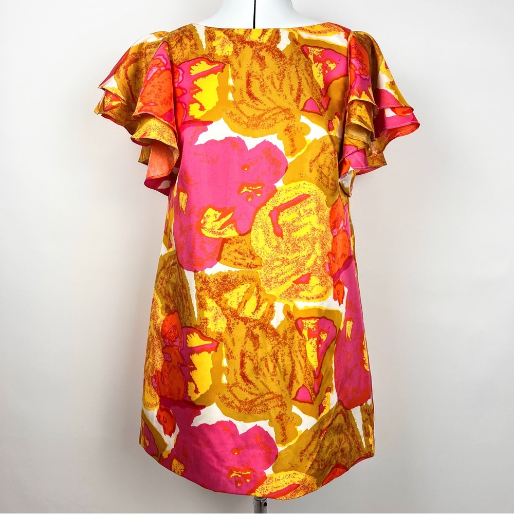 Ali Ro Pink & Yellow Ruffle Sleeve Floral Silk Shift/Tunic/Dress Size 6